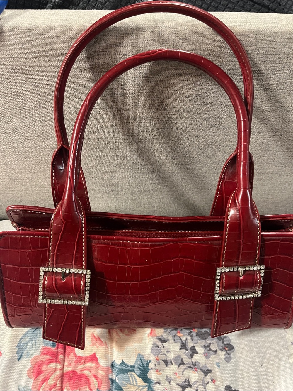 Apostrophe Red Croc-Embossed Shoulder Bag with Rhinestone Buckle Detail